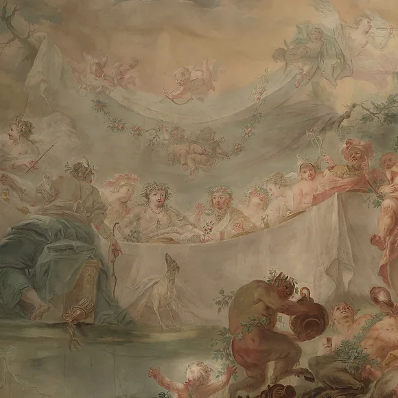 Ein genauerer Blick auf das Deckenfresko im barocken Enderlesaal.