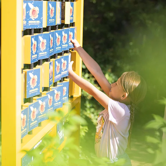 Ein Mädchen spielt an der Kinder-Erlebnisstation im Kreuzgraben.
