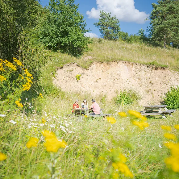 Auf einer Wiese mit gelben Blumen sitzen drei Personen auf einer Sitzbank vor einem geologischen Aufschluss.