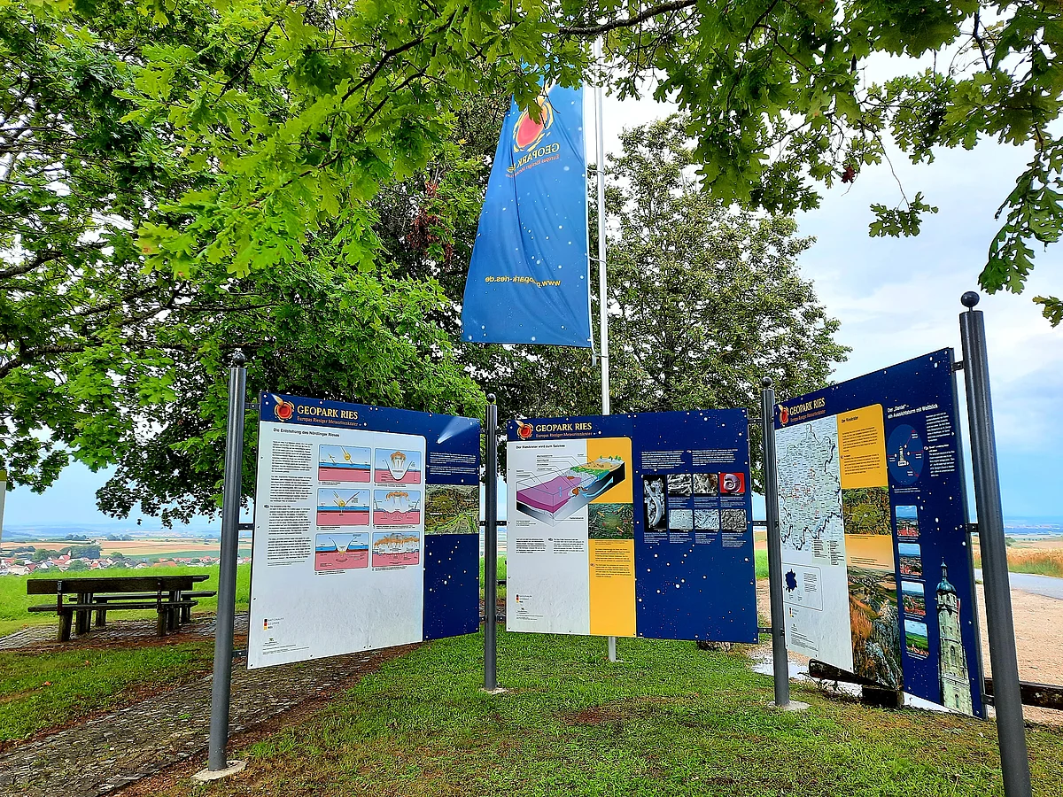 Unter Bäumen stehen drei Informationstafeln, eine Fahne des Geopark Ries und im Hintergrund eine Sitzbank.