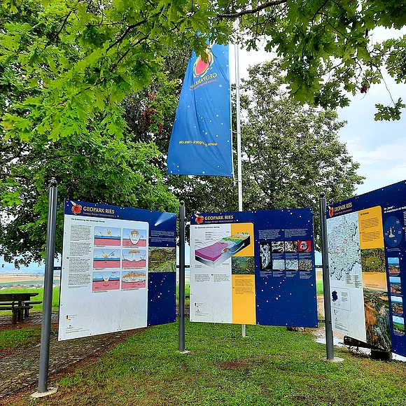 Unter Bäumen stehen drei Informationstafeln, eine Fahne des Geopark Ries und im Hintergrund eine Sitzbank.