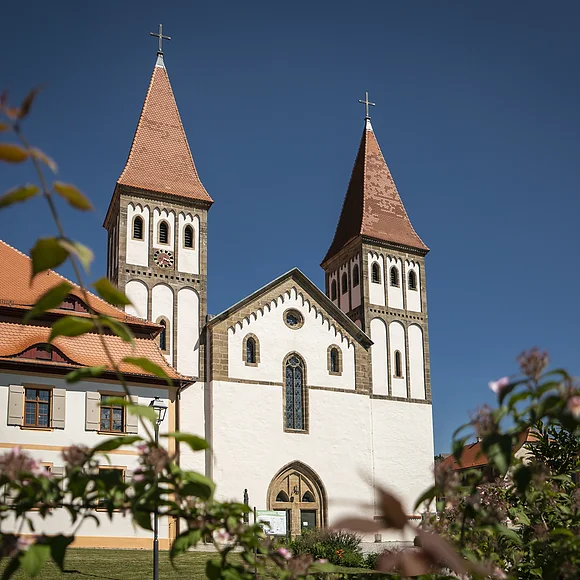 Kloster Heidenheim Das Kloster mit seinen zwei Türmen inmitten grüner Büsche. Der Himmel strahlt wolkenlos.