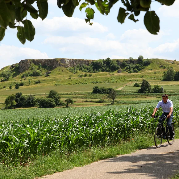 Ein Mann und ein Kind fahren mit Fahrrädern auf einem Weg neben einem Maisfeld. Im Hintergrund erhebt sich ein Hügel mit felsiger Front.