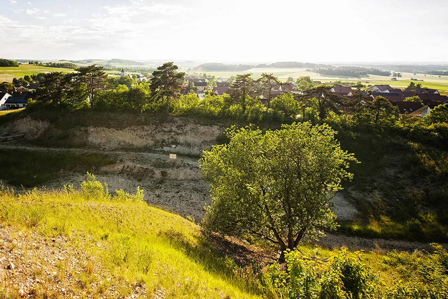 Eine Senke mit felsiger Oberfläche wird von einem hohem Wall mit Bäumen begrenzt. Dahinter ist eine Siedlung und weite Landschaft zu sehen.