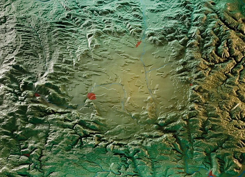 Modell Rieskrater, 3,7-fach überhöht Im überhöhten Geländemodell des Rieskraters lässt sich das Kraterbecken klar vom Rand unterscheiden.