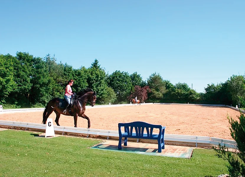Zwei Pferde mit Reiter befinden sich auf einem großen Sandplatz.