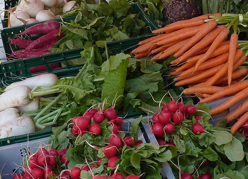 An einem Markstand wird verschiedenes Gemüse und Obst angeboten.