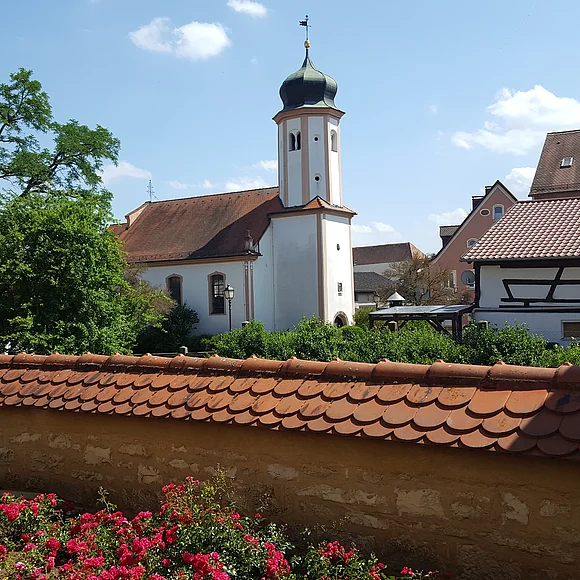 Im Vordergrund die Mauer des Stadtschlosses mit Rosen, im Hintergrund ist die Lambertuskirche und ein Fachwerkhaus zu sehen.