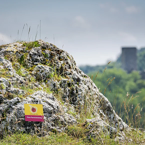 Nahe der Burgruine Niederhaus Eine Wanderwegbeschilderung des Ries-Panoramawegs nahe der Ruine Niederhaus. Im Hintergrund sieht man die Ruine Niederhaus.