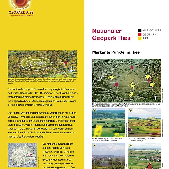 Geopark Infostelle Monheim Plakat des Nationalen Geoparks Ries mit Karten, Texten und Fotos markanter Punkte im Rieskrater. Oben links im Eck das Logo vom Geopark Ries.