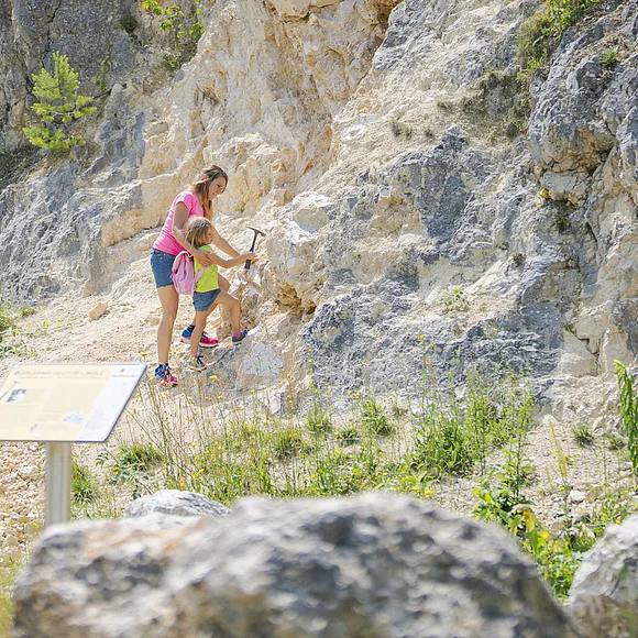 Personen erkunden mit einem Hammer eine Felswand in einem steinigen, bewachsenen Gebiet. Ein Informationsschild steht im Vordergrund.