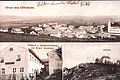 Schwarz-weiß Postkarte mit drei alten Fotos: mit einer Panorama-Aufnahme von oben von Wittesheim, Molkerei und Spezzereihandlung von Gregor Wenninger und der Kalvarienbergkapelle auf einem Hügel.