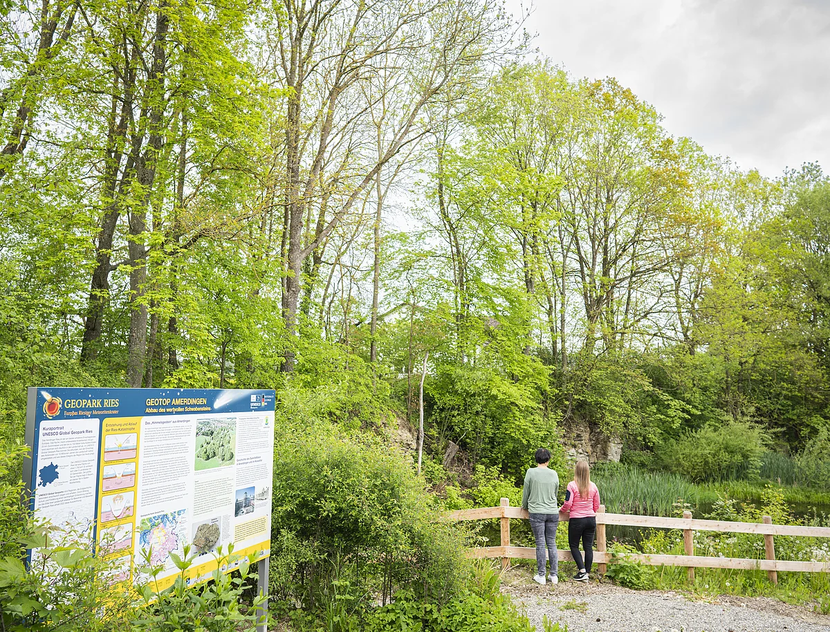 Geopark Ries Mai 2023 Zwei Personen stehen hinter einem Holzzaun. Im Vordergrund steht eine Informationstafel, im Hintergrund einige hohe Bäume.