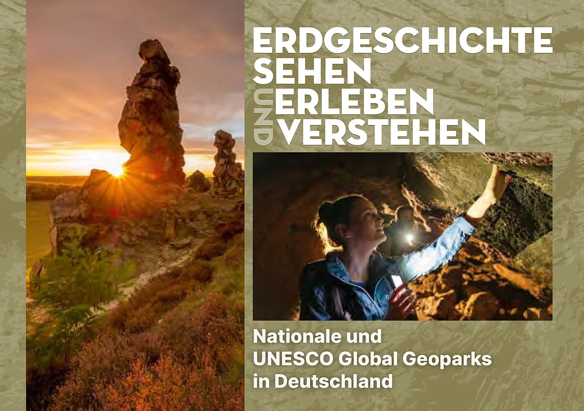 Das Cover des Flyers über die Nationalen und UNESCO Geoparks in Deutschland zeigt die Sonne hinter einer Felssäule hervorblitzen und eine Frau mit Taschenlampe in einer Höhle.