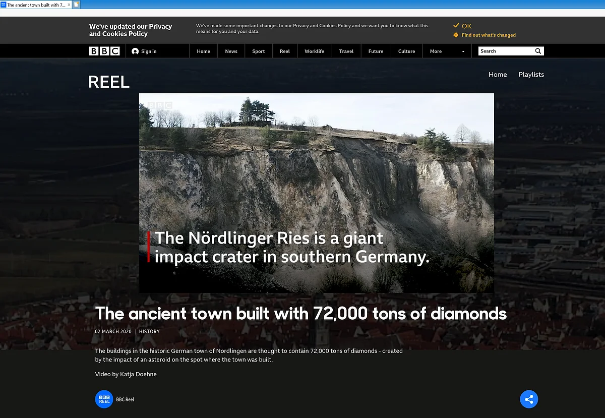 Der Screenshot eines Videos des BBC zeigt einen ehemaligen Steinbruch und den Titel "The Nördlinger Ries is a giant impact crater in Southern Germany".