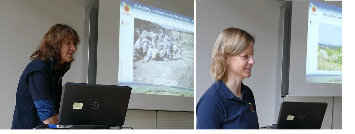 Zwei nebeneinander angeordnete Bilder zeigen jeweils eine Frau mit Präsentationsfolien an der Leinwand im Hintergrund.