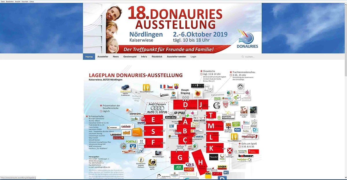 Auf dem Lageplan zur 18. Donauries-Ausstellung sind die mit Großbuchstaben bezeichneten Messehallen und Logos der Aussteller zu sehen.