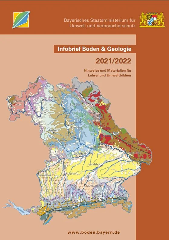 Auf dem Cover des "Infobriefs Boden & Geologie 2021/2022" ist die geologische Karte von Bayern dargestellt.