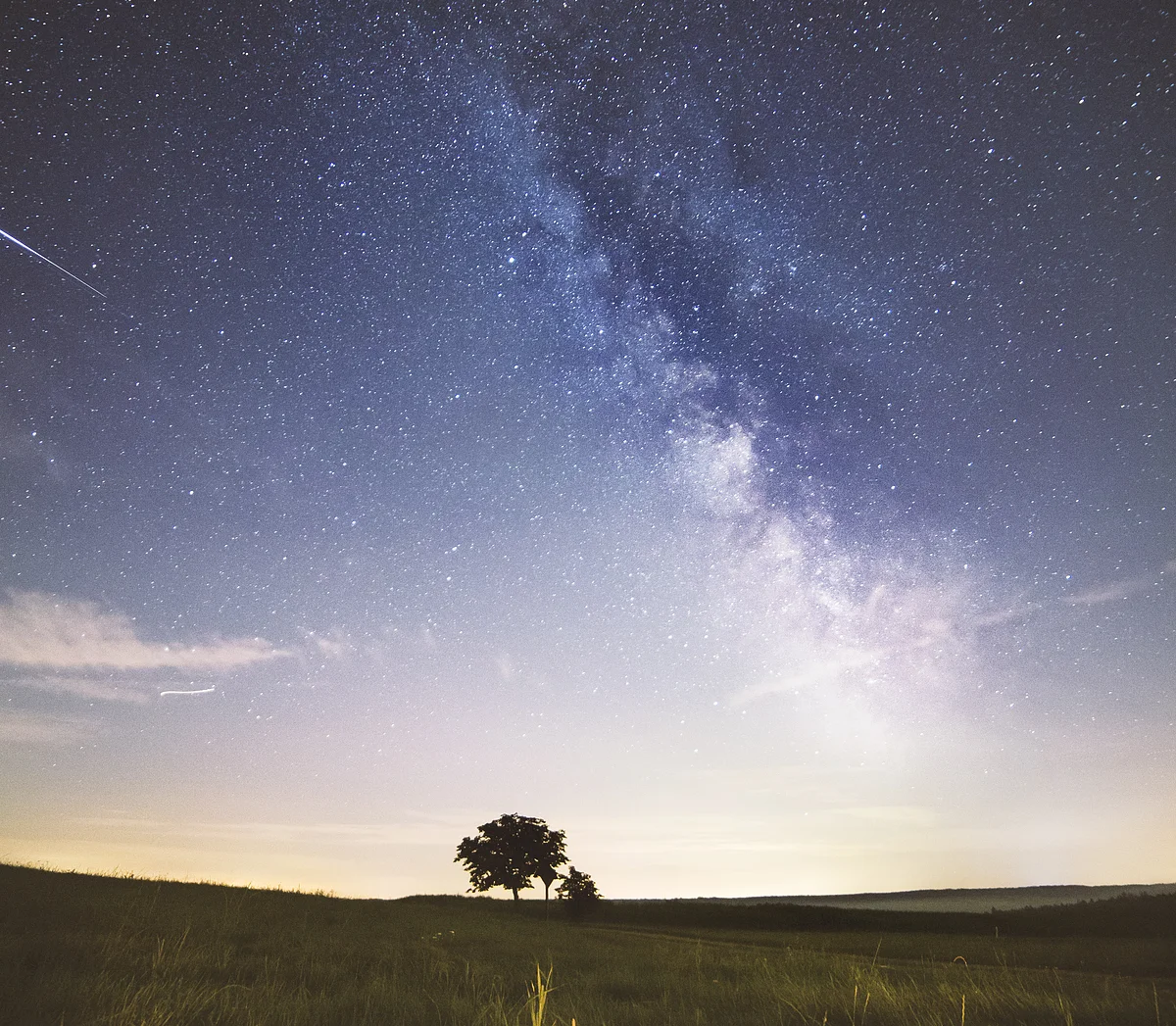 Milchstraße, Julian Madeja Über einer Wiese mit einem einzelnen Baum steht die Milchstraße schräg am Abendhimmel.
