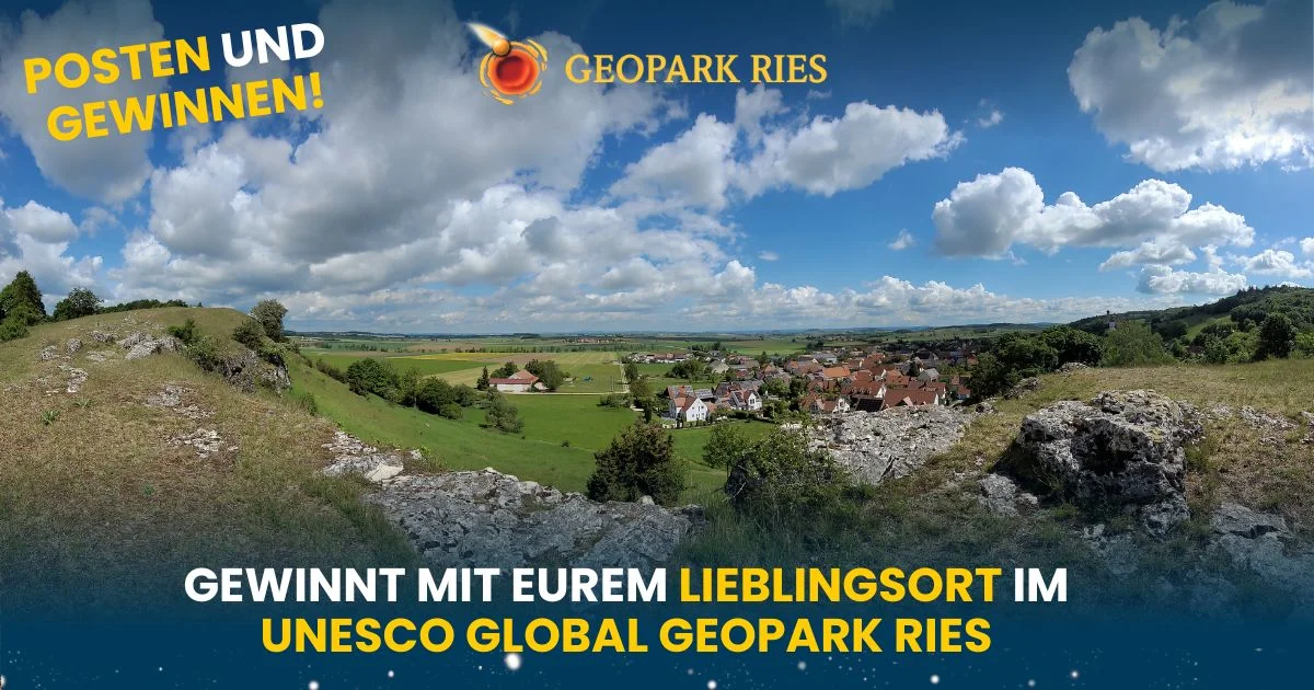 Social Media Wettbewerb "Mein Lieblingsort im Geopark Ries" Das Bild zeigt die Landschaft am Kühstein in Mönchsdeggingen mit Aufruf zum Social Media Wettbewerb "Mein Lieblingsort im Geopark Ries"