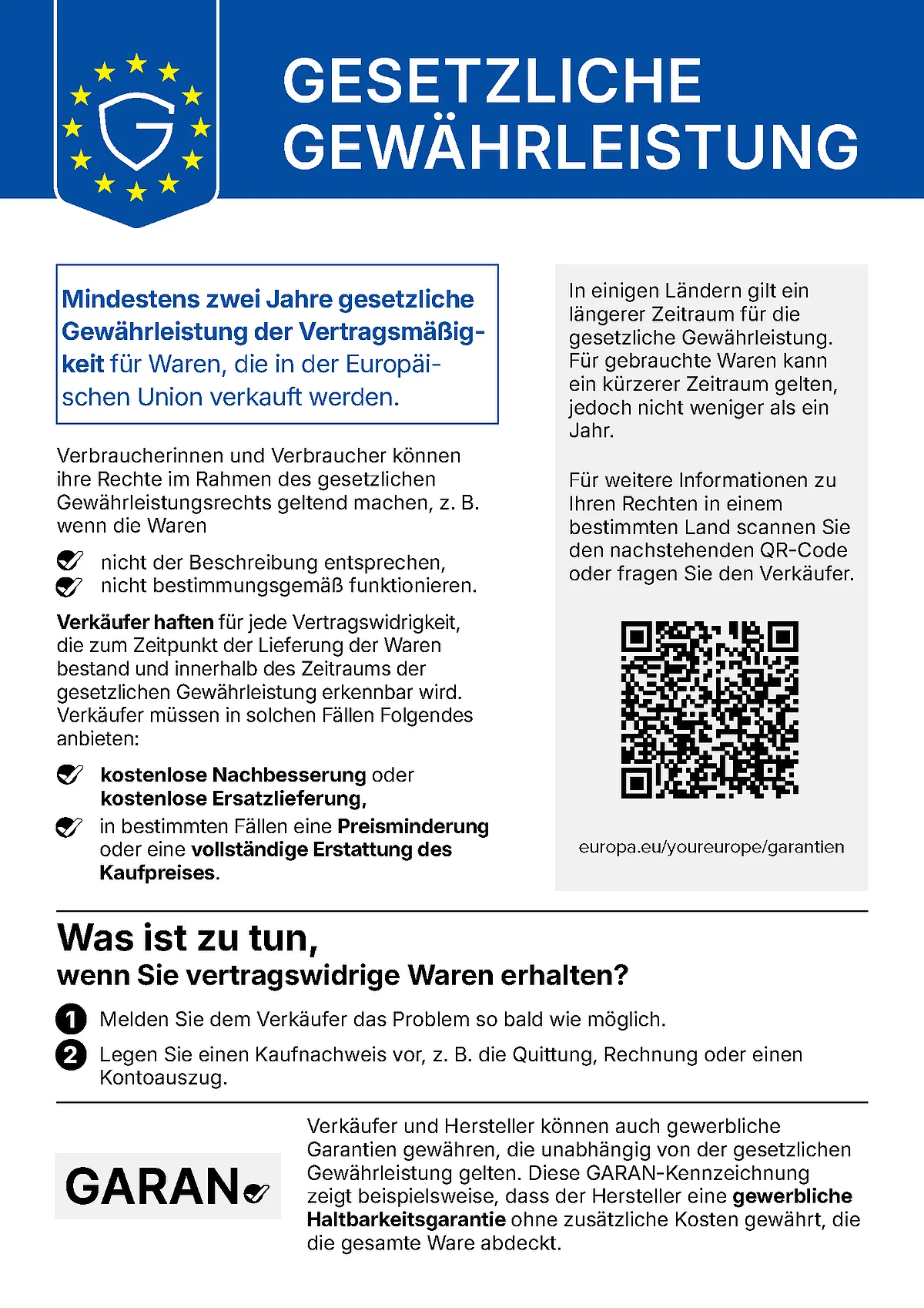 EU-Hinweis „Gesetzliche Gewährleistung" EU-Hinweis „Gesetzliche Gewährleistung": Für Waren, die in der EU verkauft werden, gilt eine gesetzliche Gewährleistung von mindestens zwei Jahren. Entsprechen Waren nicht der Beschreibung oder funktionieren sie nicht bestimmungsgemäß, haftet der Verkäufer. Er muss kostenlose Nachbesserung oder Ersatzlieferung anbieten, in bestimmten Fällen auch eine Preisminderung oder die vollständige Erstattung des Kaufpreises. Melden Sie das Problem so bald wie möglich dem Verkäufer und legen Sie einen Kaufnachweis vor. Weitere Informationen: europa.eu/youreurope/garantien