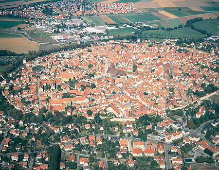 The former Free Imperial City Nördlingen completely encircled by the preserved wall with walkable parapet