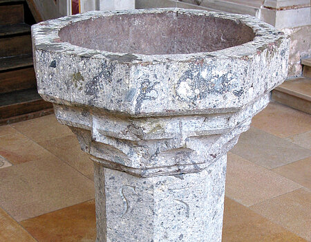 Baptismal font of Suevite in the Trinity Church in Haunsheim