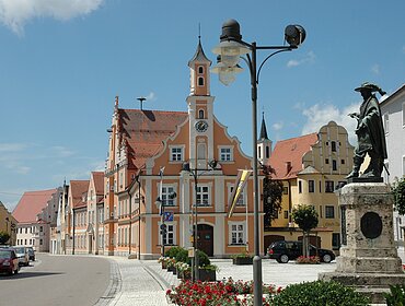 City hall and monument to Count Tilly in Rain